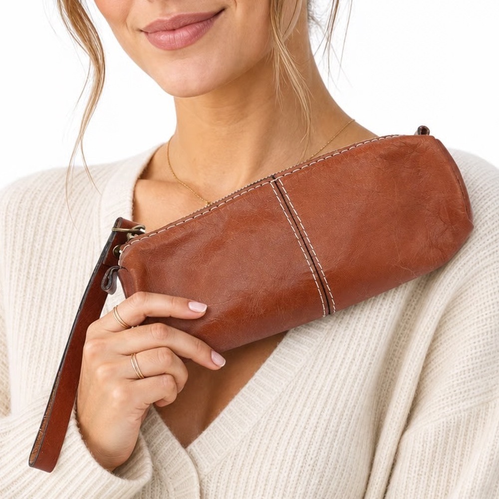 Patricia Nash Tan Leather Cosmetic Pouch Pencil Case Contrast Stitching